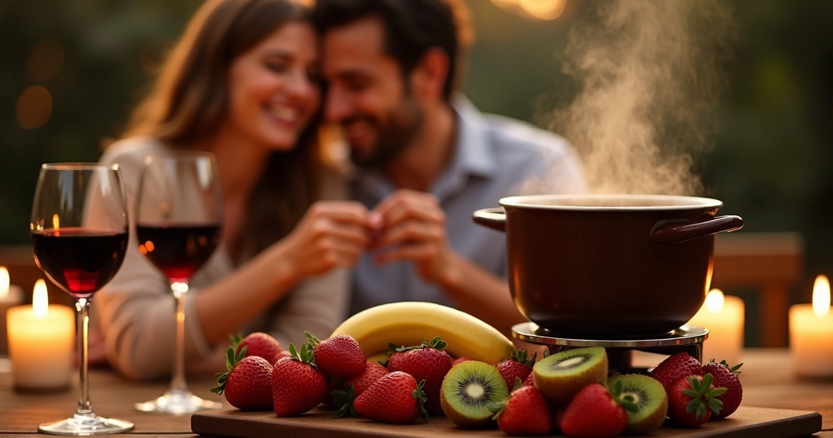 Noite de fondue de chocolate para casal com frutas 
