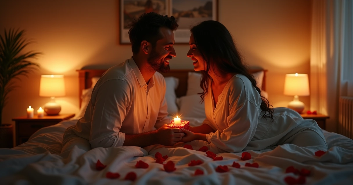 Casal sorrindo e trocando presentes em um quarto com clima romântico 