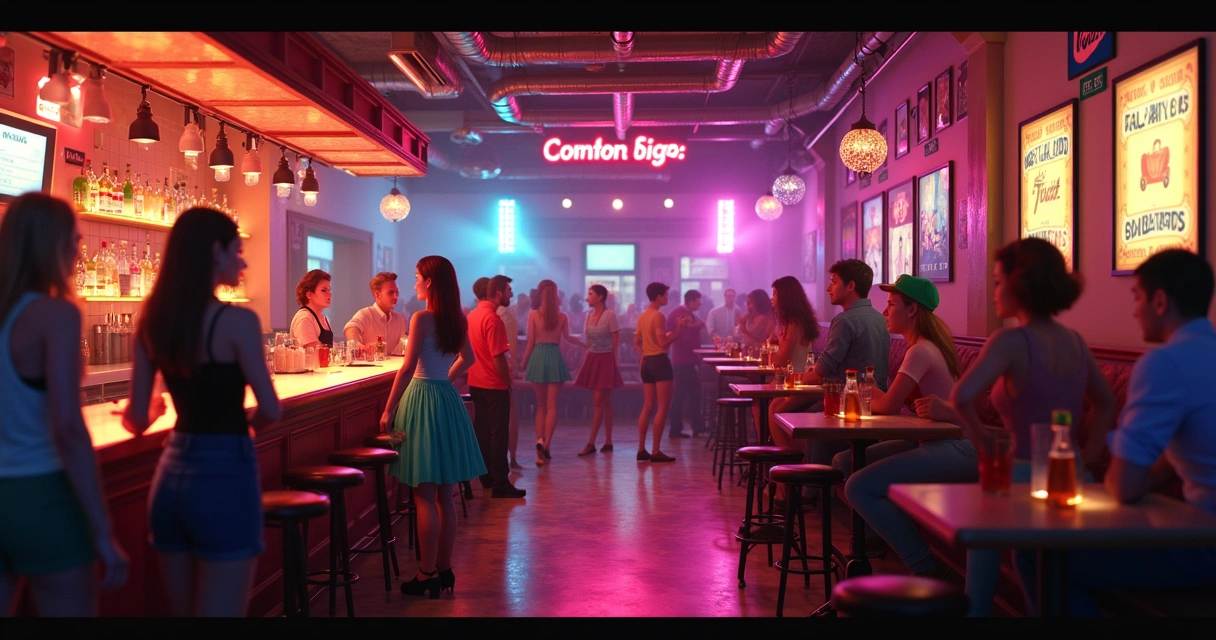 Bar decorado para noite temática com público fantasiado 