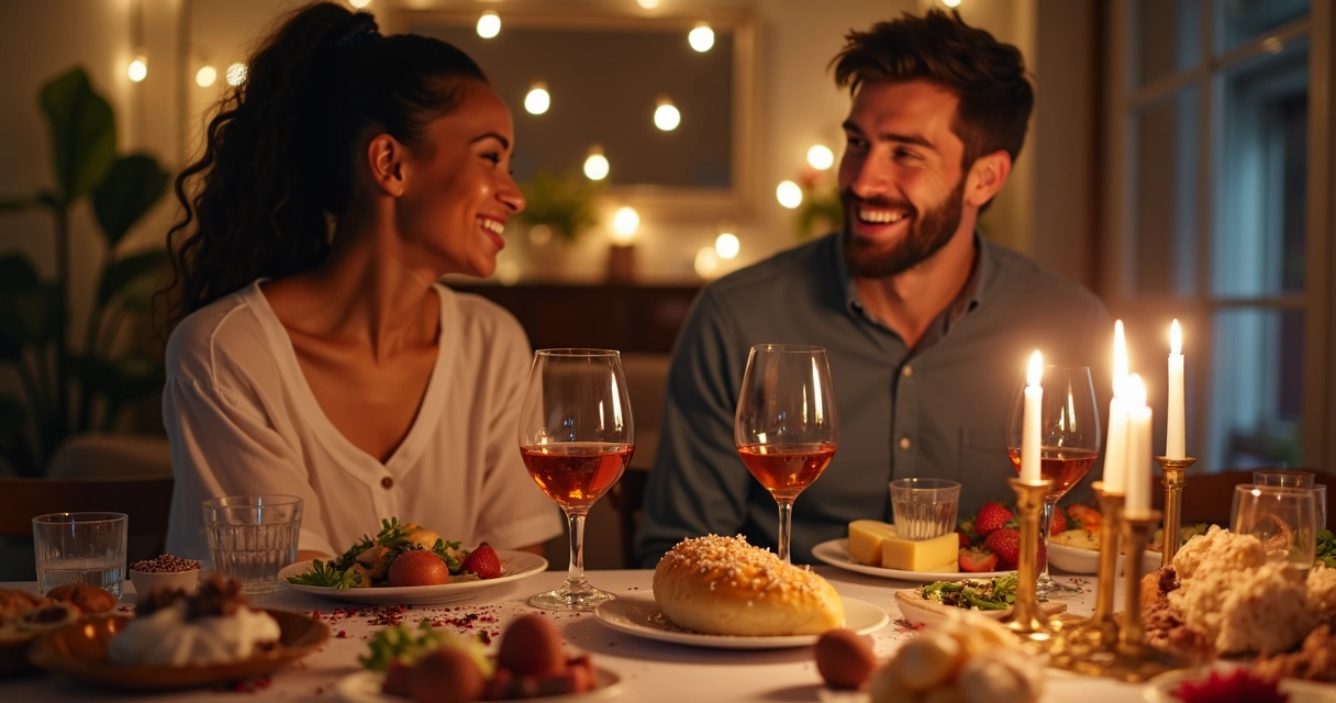 Casal preparando noite temática com chocolates e vinho