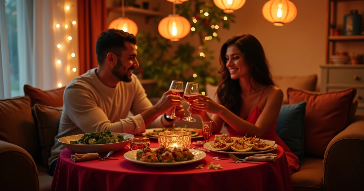 Casal aproveitando noite temática à luz de velas com decoração especial