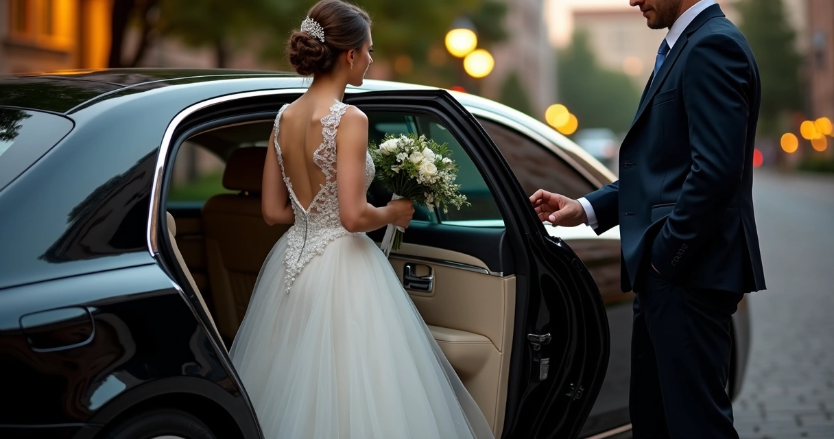 Noiva em vestido branco entrando em carro sedã de luxo com motorista de terno à frente 