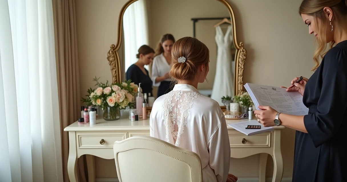 Noiva sentada diante de um espelho grande enquanto equipe ajusta cabelo e vestido 