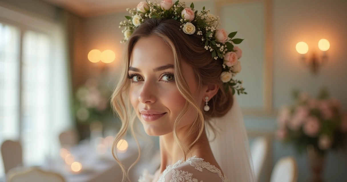 Noiva com penteado sofisticado e natural para casamento em ambiente elegante com luz suave 