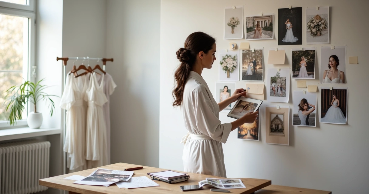 Noiva em sala clara escolhendo referências de ensaio fotográfico em painel com fotos 