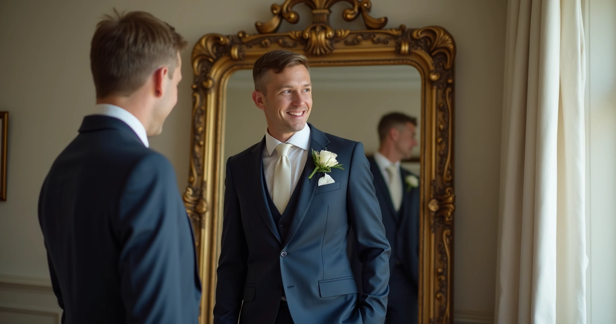 Noivo confiante vestido para o casamento, sorrindo diante do espelho