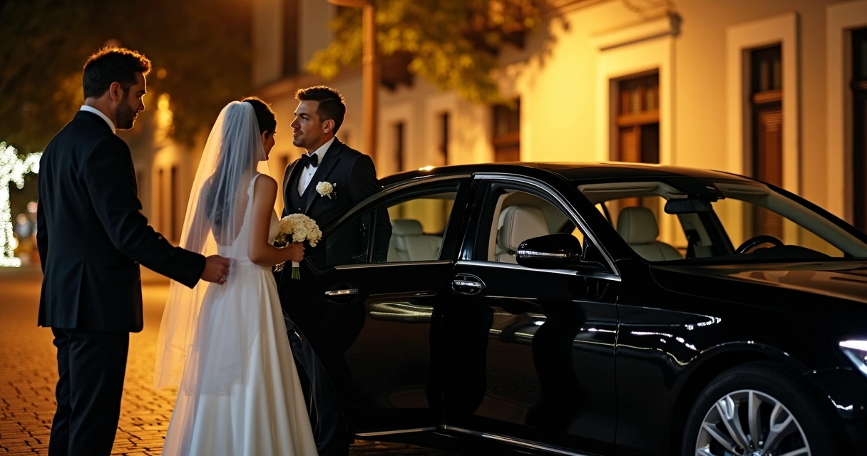 Noivos elegantemente vestidos entrando em carro executivo preto decorado para casamento à noite 