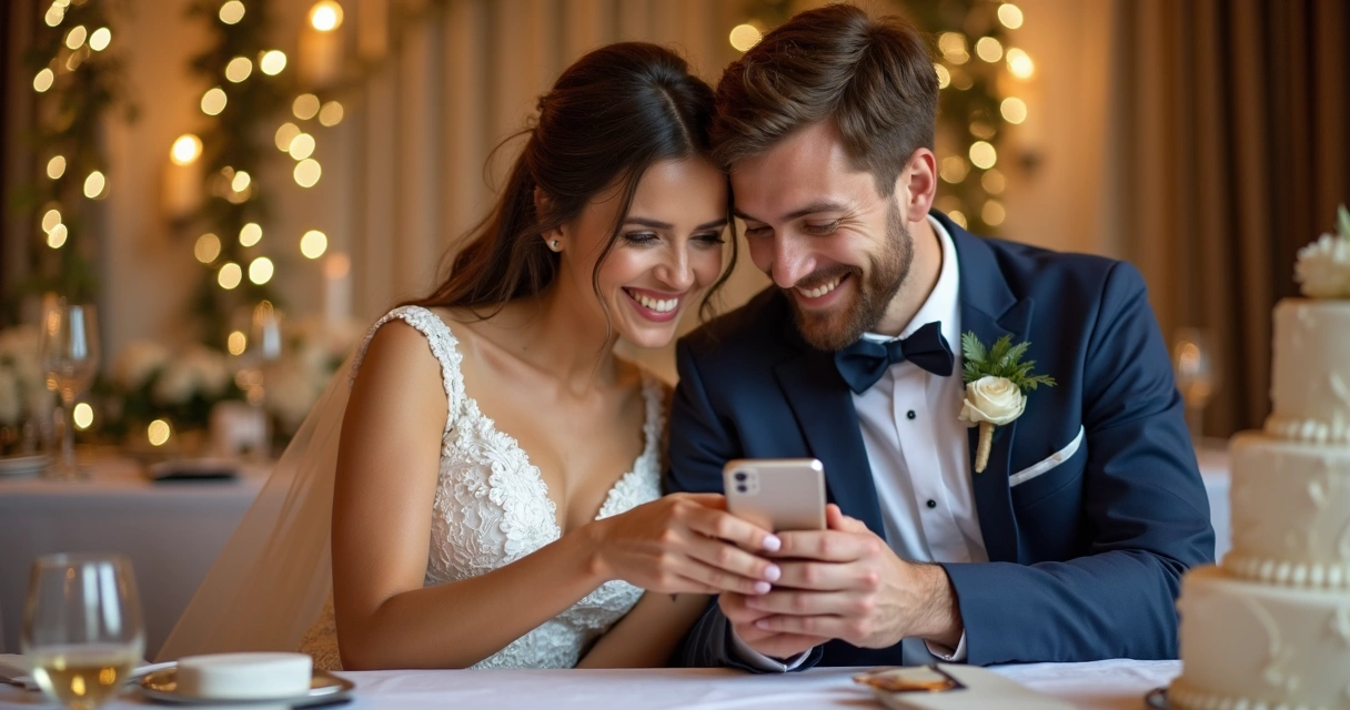 Noivos felizes usando smartphone para pagar fornecedores no casamento 