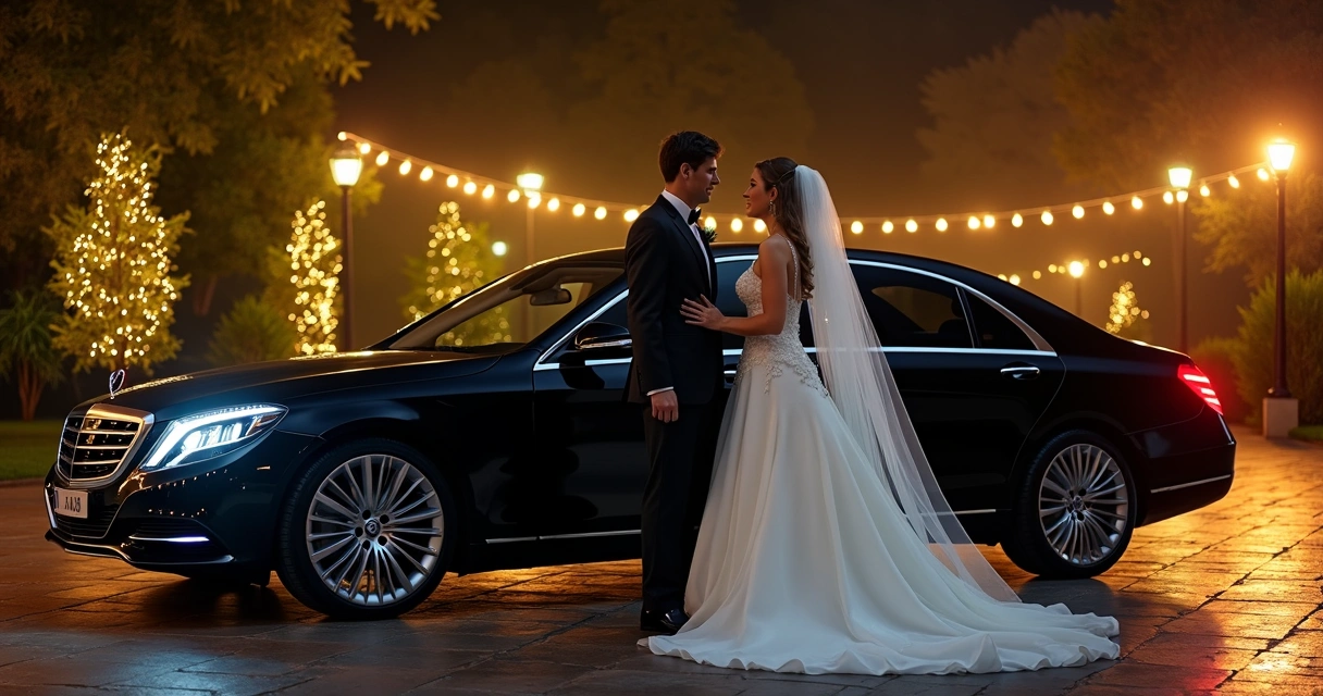 Noivos chegando em casamento em sedã preto à noite 