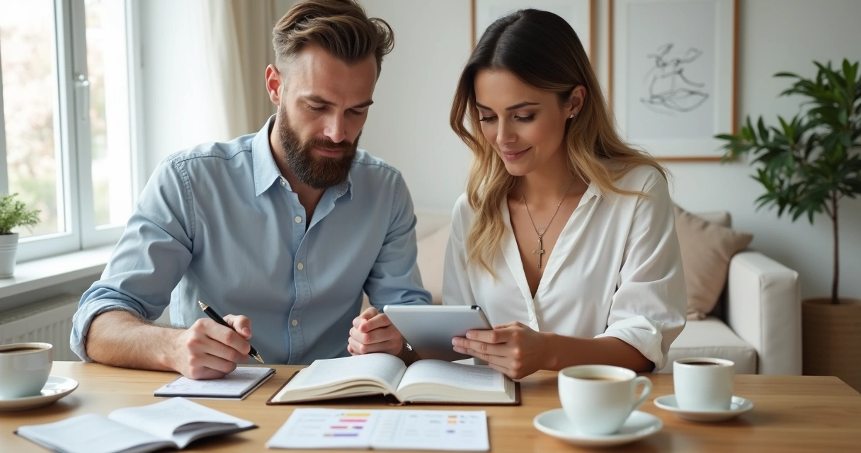 Noivos cristãos organizando detalhes do casamento em uma mesa de madeira clara 