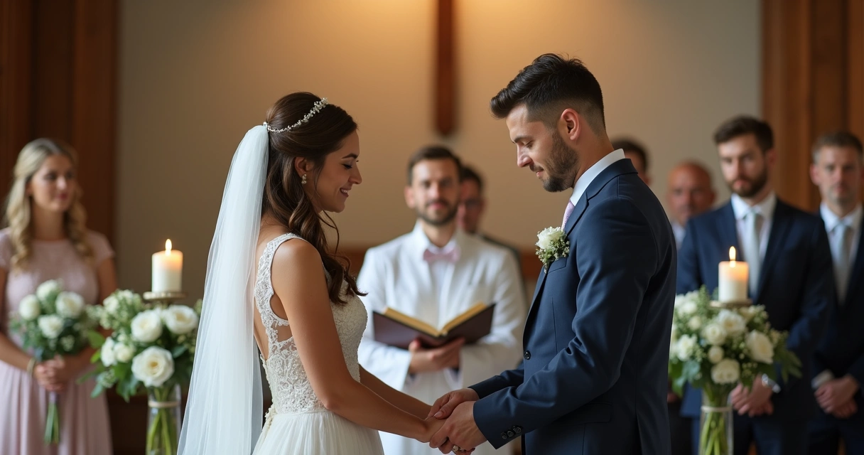 Noivos em oração juntos no altar 