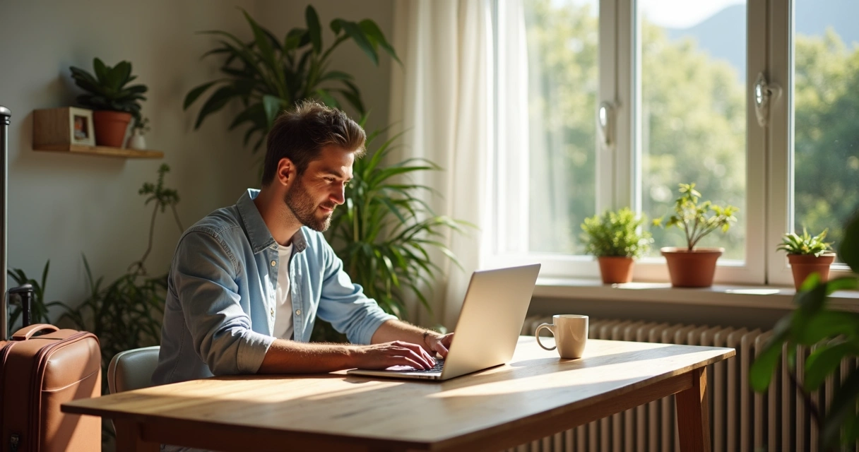 Profissional em home office em ambiente de aluguel por temporada 