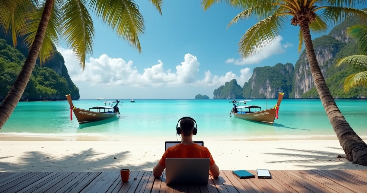 Pessoa trabalhando com laptop na praia tropical da Tailândia com coqueiros e mar ao fundo 