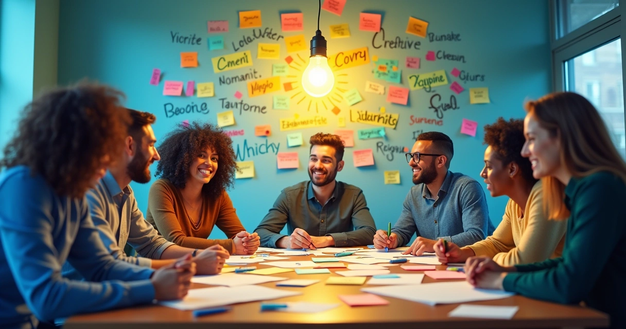 Grupo diverso brainstormando nomes criativos para serviço de assistência técnica em ambiente iluminado.