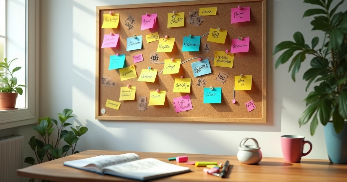 Mural colorido com ideias de nomes de blog em papéis colados 