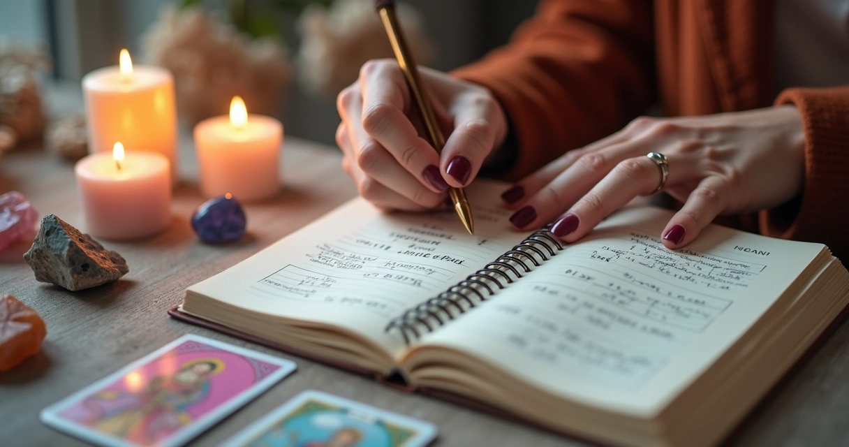 Mão feminina anotando nome e data de nascimento em caderno 