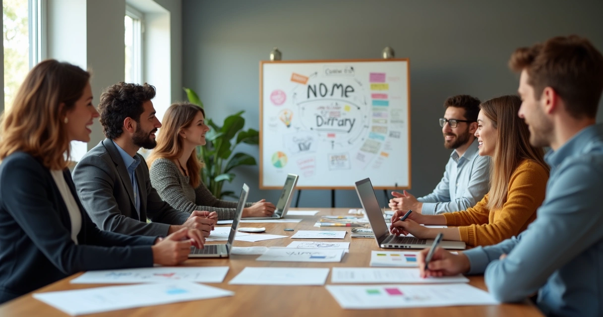 Equipe reunida em mesa de escritório discutindo ideias para nome de empresa, com papéis e laptops 
