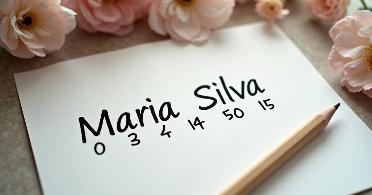 Papel com o nome Maria Silva e cálculos numerológicos ao lado de flores. 