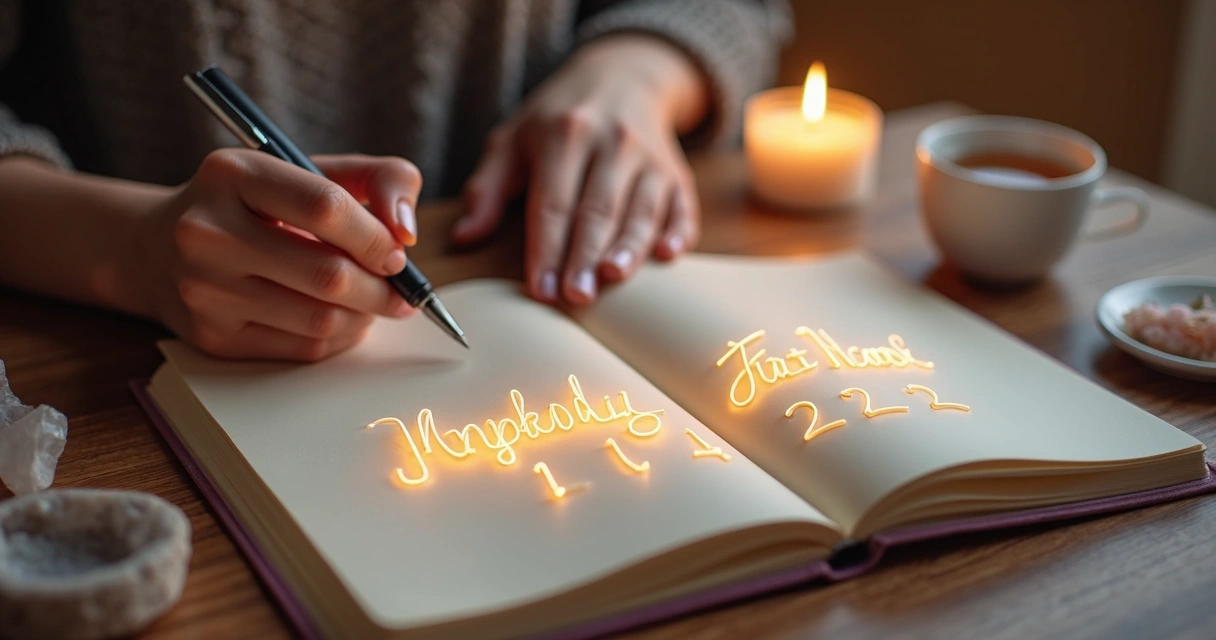 Mãos escrevendo um nome e números em caderno com luz dourada 