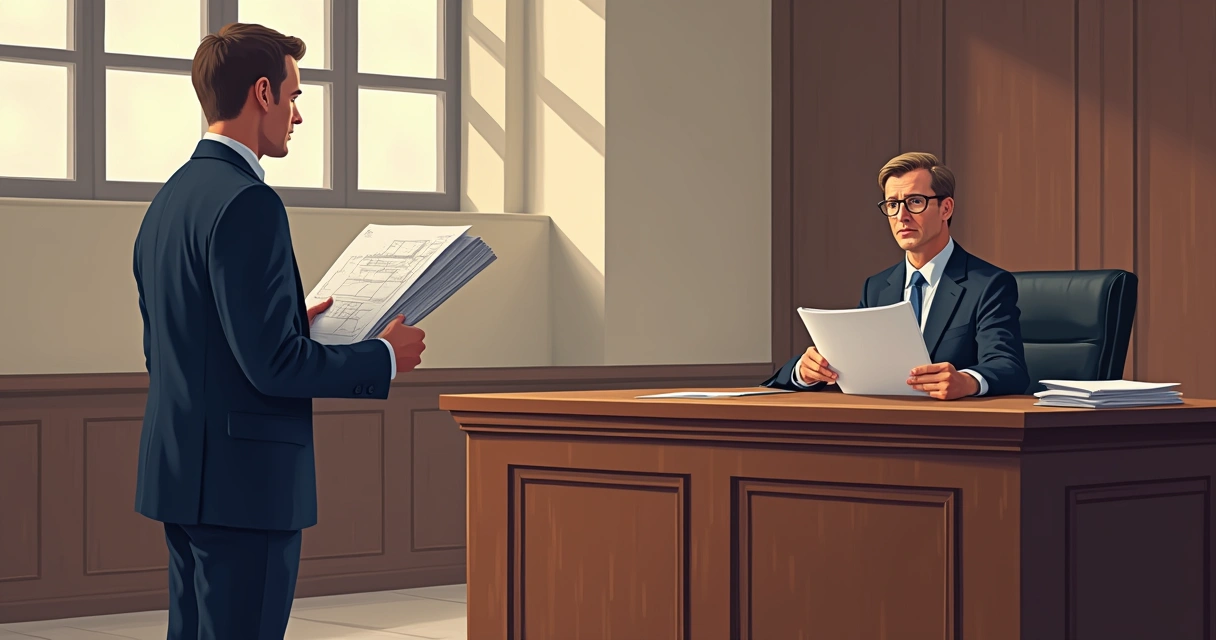 Juiz em mesa de tribunal analisando documentos ao lado de engenheiro civil 