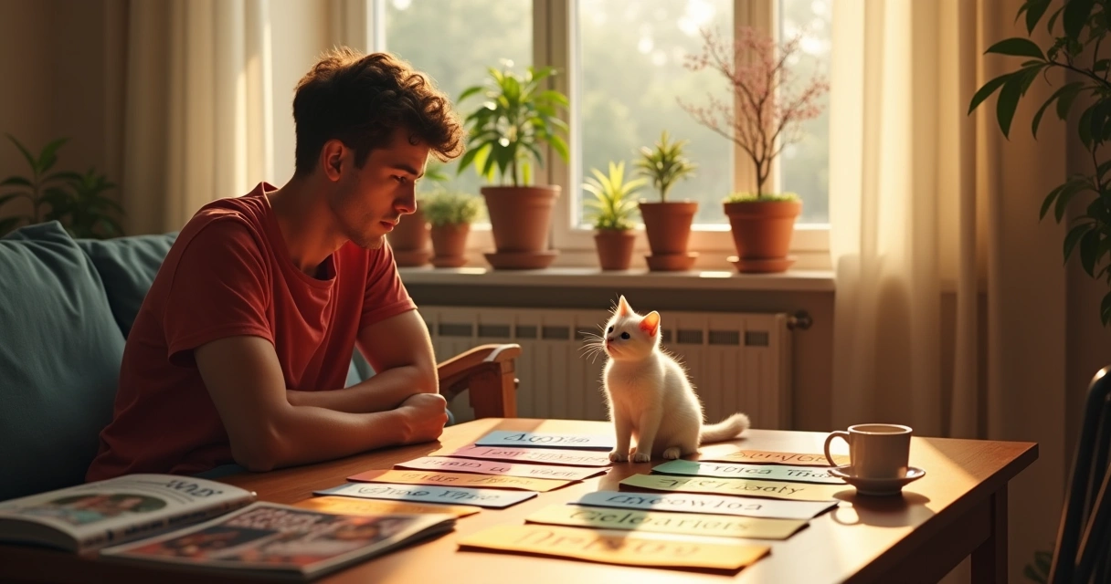 Um jovem homem considerando nomes feitos à mão para seu gato em uma sala iluminada e acolhedora.