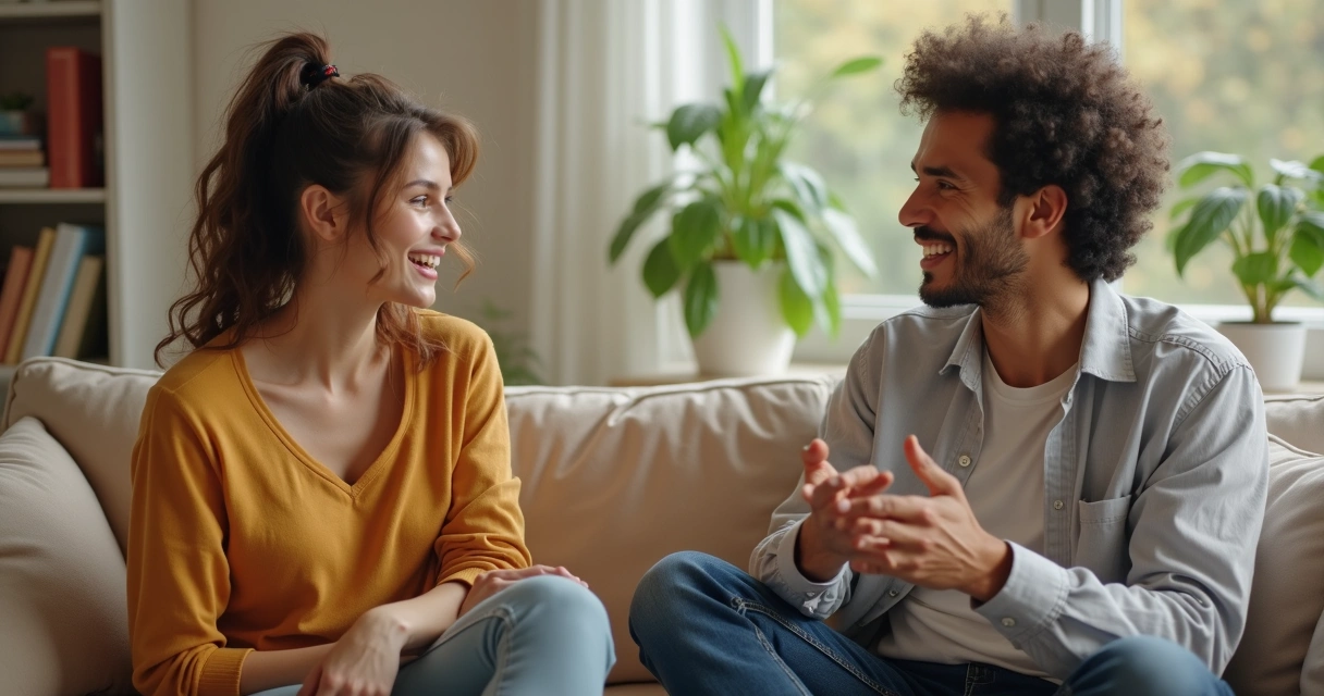 Duas pessoas sentadas em uma sala conversando de maneira calma, expressando emoções diversas