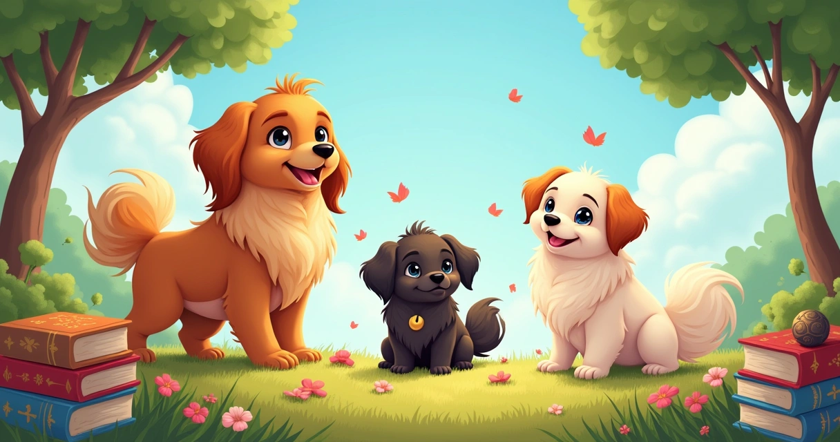 Três cachorrinhas adoráveis representando Hera, Atena e Freya em um cenário alegre e colorido.