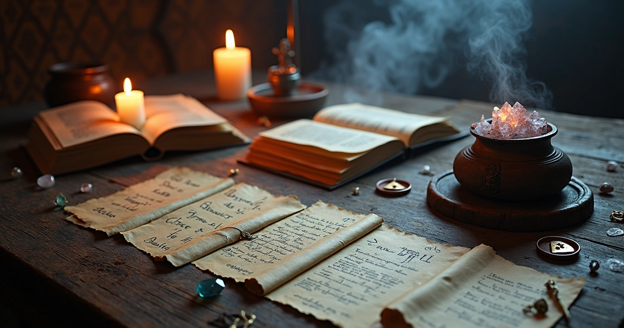 Objetos esotéricos com pergaminhos, velas e runas formando nomes místicos sobre mesa escura 