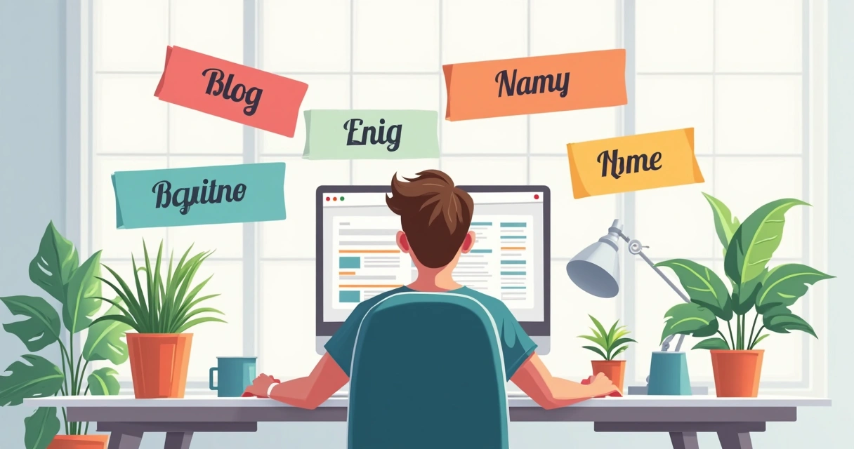Pessoa escolhendo entre opções criativas de nomes de blog, mesa com papéis e computador, ambiente moderno 