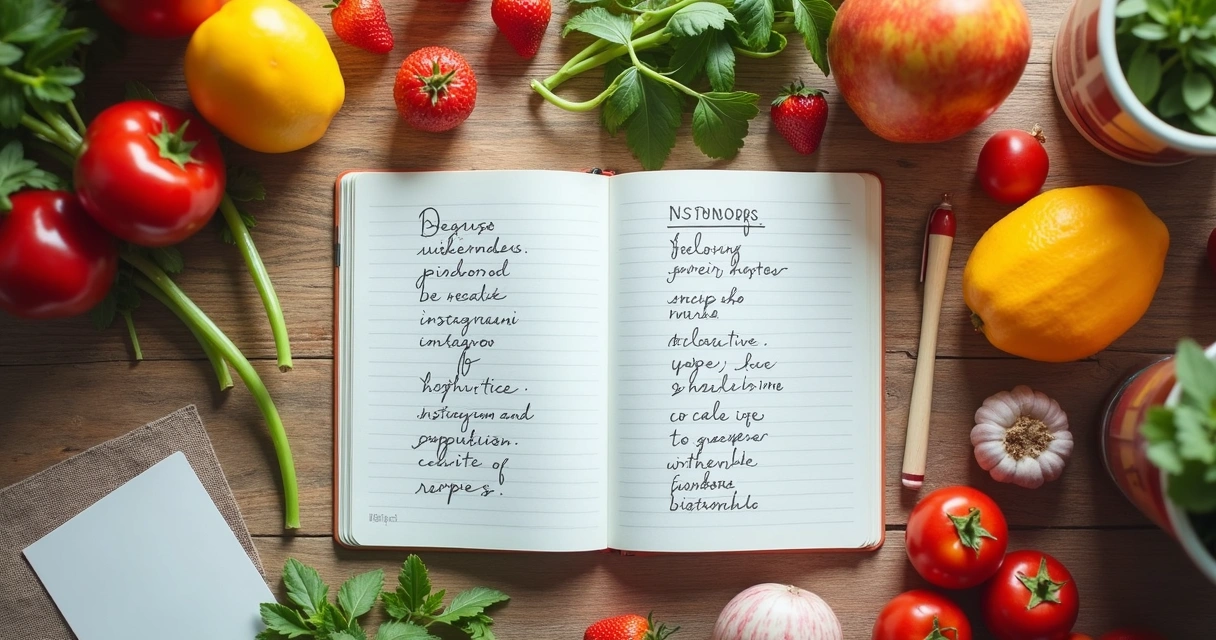 Mesa com receitas, frutas, e bloco de anotações de nomes criativos 