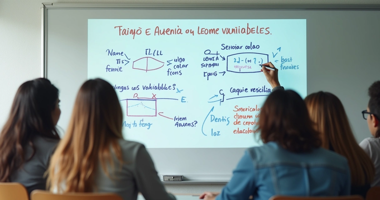 Quadro branco com esquemas de nomes de variáveis escritos em português 