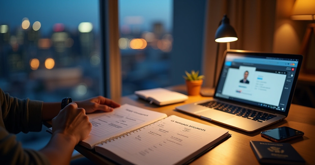 Non-citizen reviewing US mortgage document checklist at home desk 