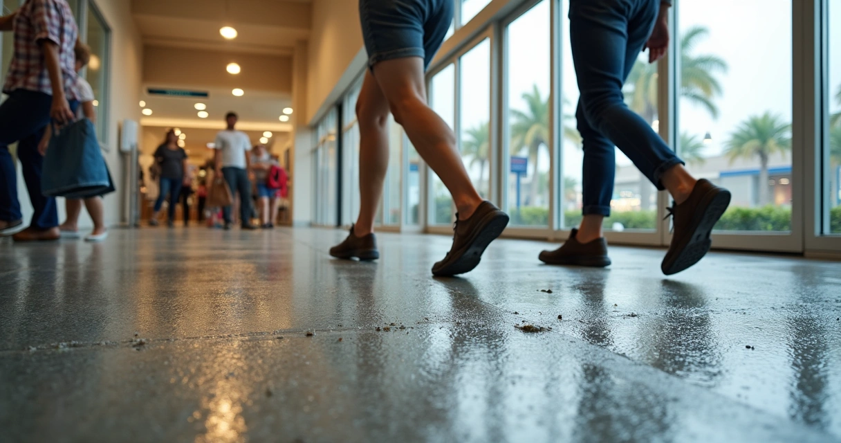 Retail storefront entrance with wet non-slip coated concrete floor and customers walking safely 