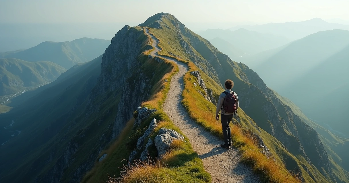 Hiker on spiral path up a mountain with shifting seasons 
