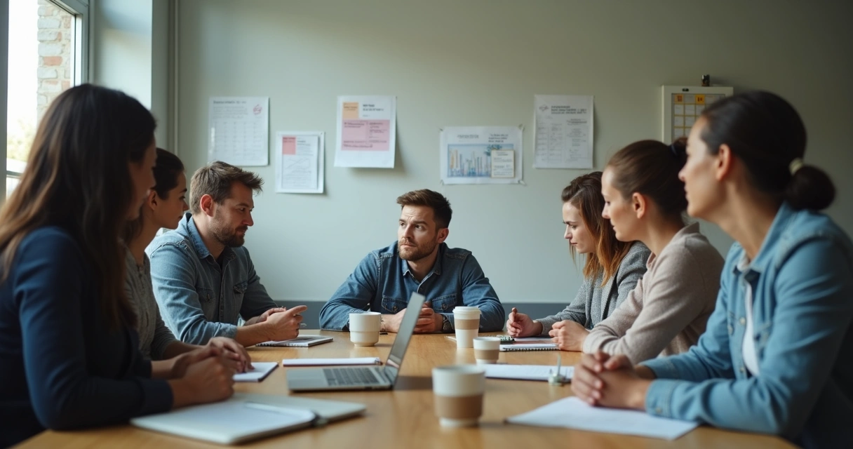 Nonprofit team in a tense meeting around a table 