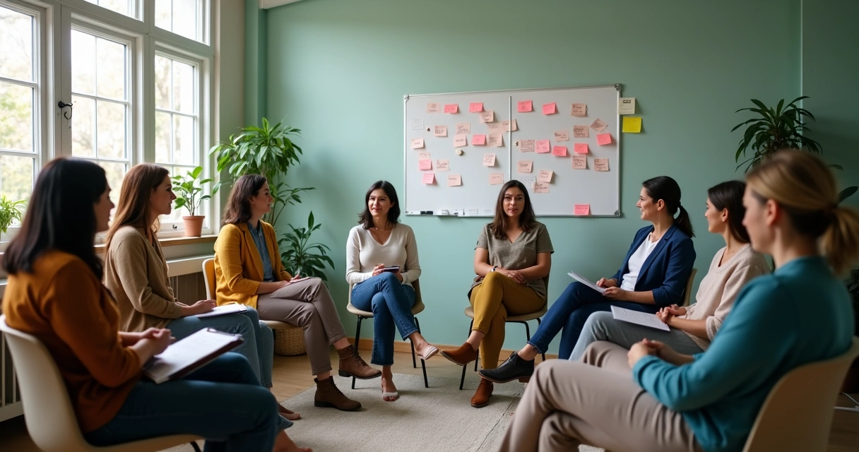 Nonprofit team in a reflection circle with notes on the wall 