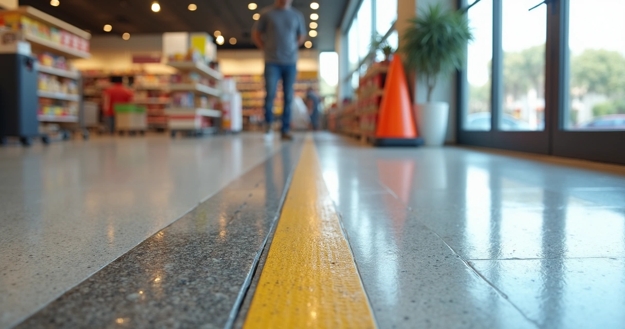 Non-slip indoor walkway in a Florida retail store with textured floor and clear safety markings 