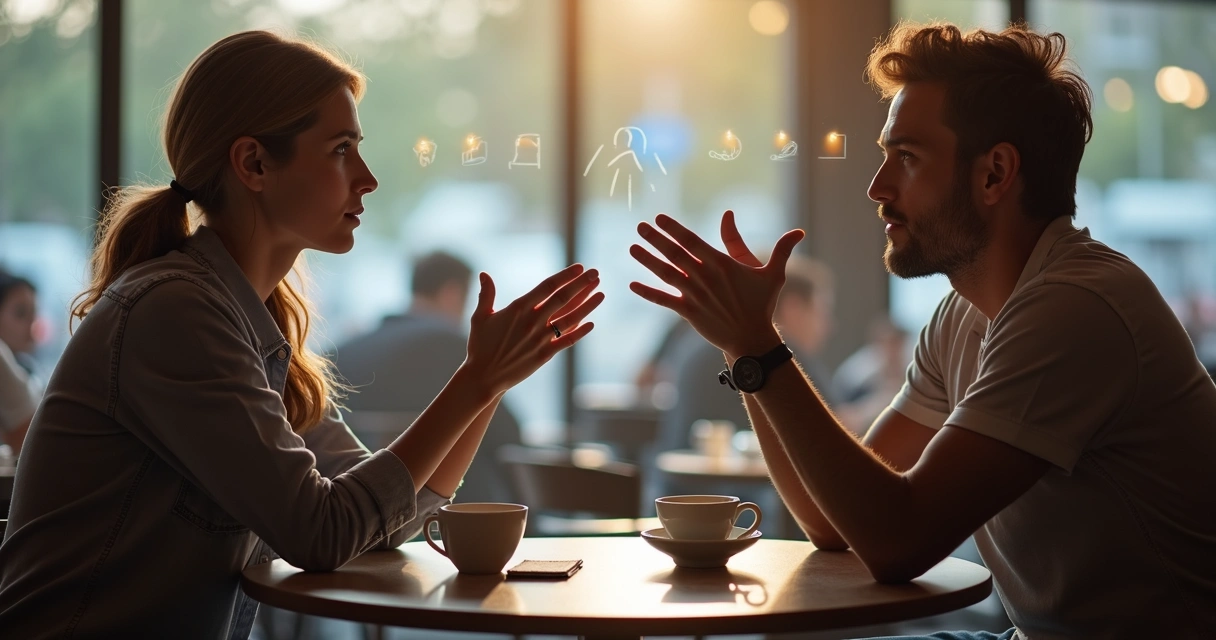 Two people in dialogue with floating light patterns tracing their non-verbal communication 