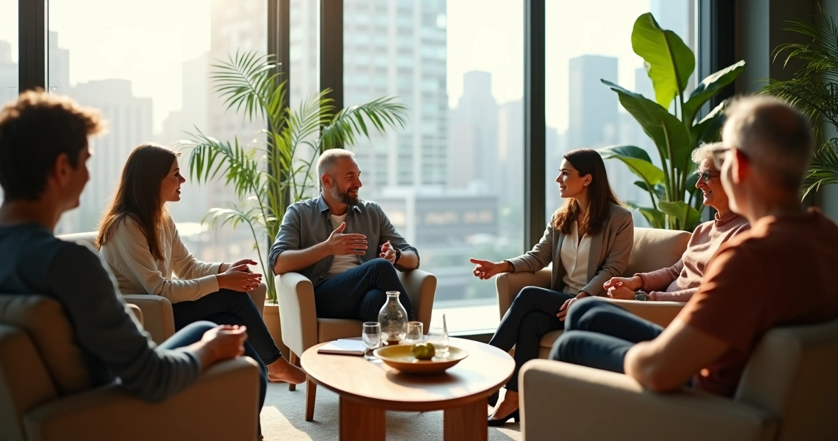 Diverse team in relaxed meeting showing open body language and attentive listening 