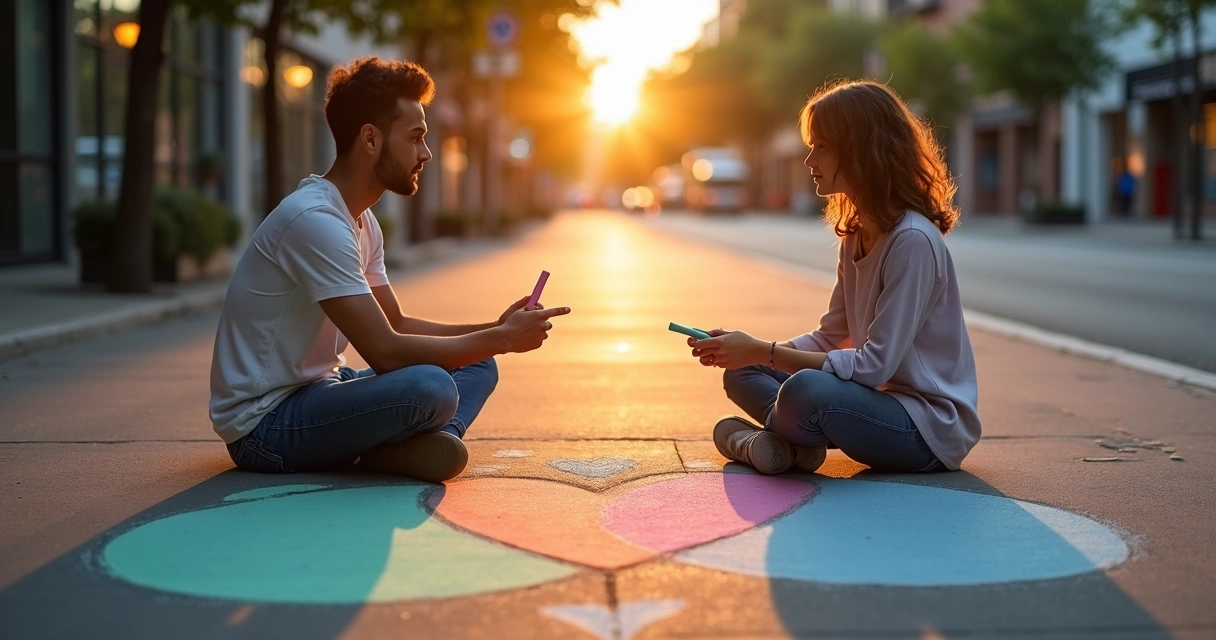 Two people drawing mirrored speech bubbles with chalk on a city sidewalk 