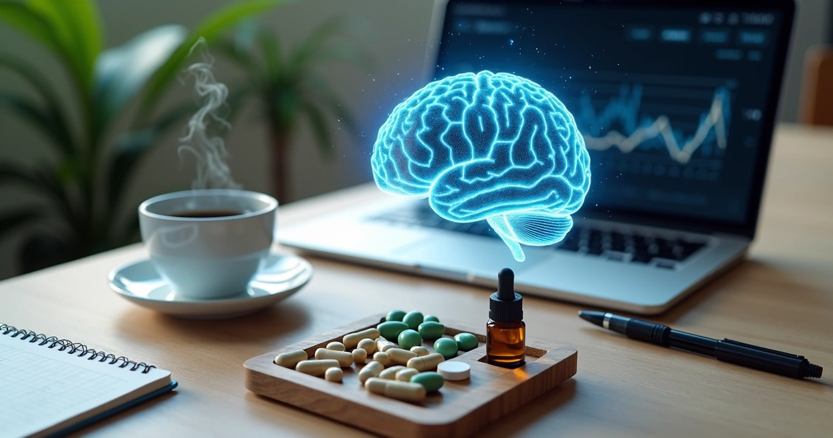 Cérebro iluminado em mesa de trabalho com suplementos e café ao lado 