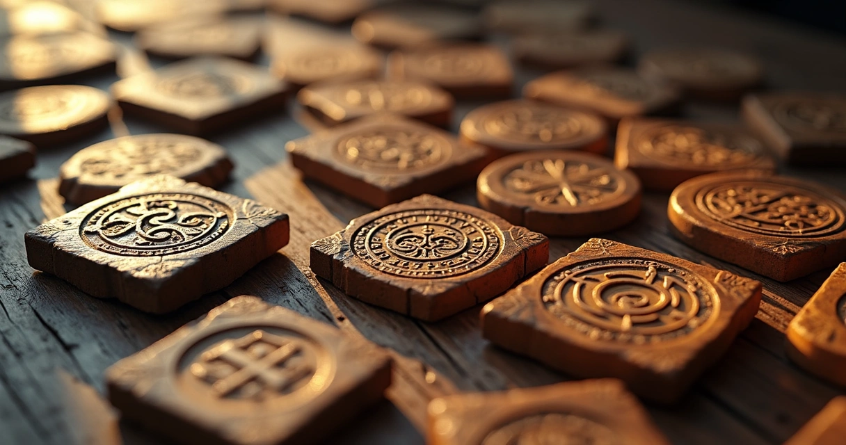 Close-up of carved Nordic runes on wooden tiles laid out on a rustic table with ancient Norse symbols in the background 