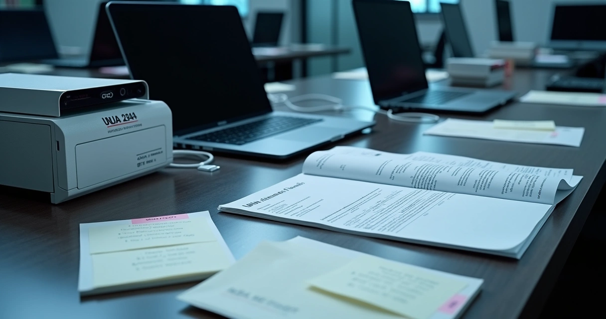 Mesa com equipamentos forenses e manual da ISO/IEC 27037 aberto. 