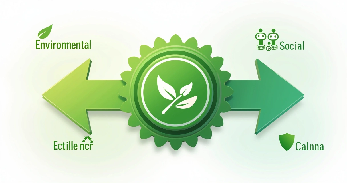 Diagrama ilustrando os três eixos: ambiental, social e econômico, conectados por setas ao redor de um selo verde no centro 
