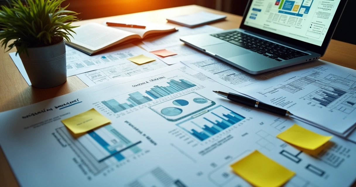 Documentos e normas industriais sobre mesa de escritório 