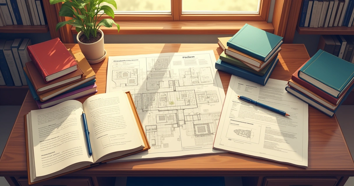 Livros e cadernos com legislação urbanística em uma mesa de escritório 