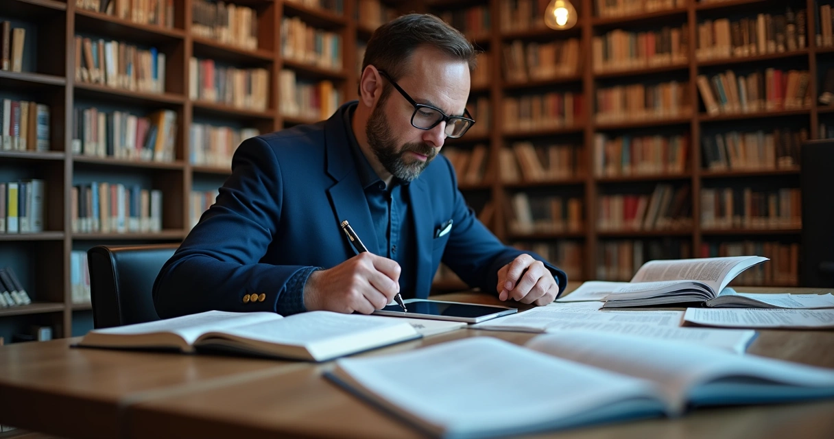 Perito consultando normas técnicas em biblioteca 
