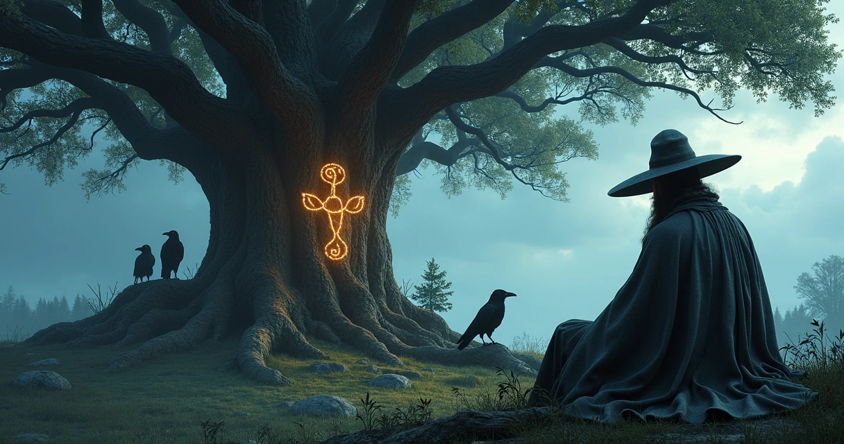 Odin sitting under Yggdrasil with runes 