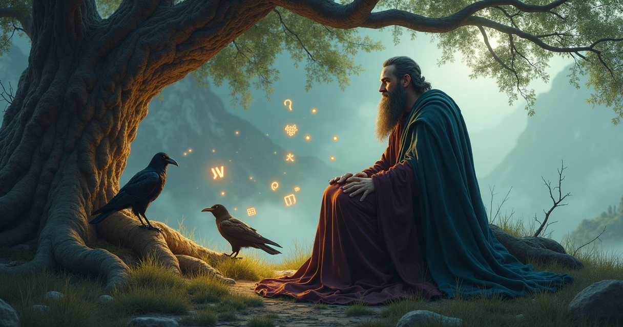 Depiction of Odin contemplating runes 