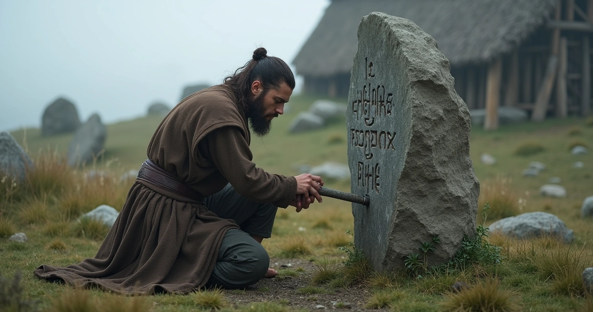 Norse person carving runes in stone 
